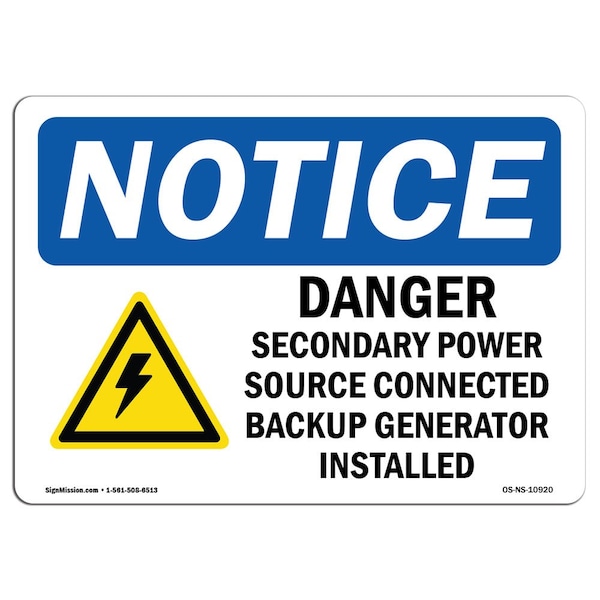 OSHA Notice Sign, 3.5" Height, Danger Secondary Power Source Sign With Symbol, Landscape, 10PK